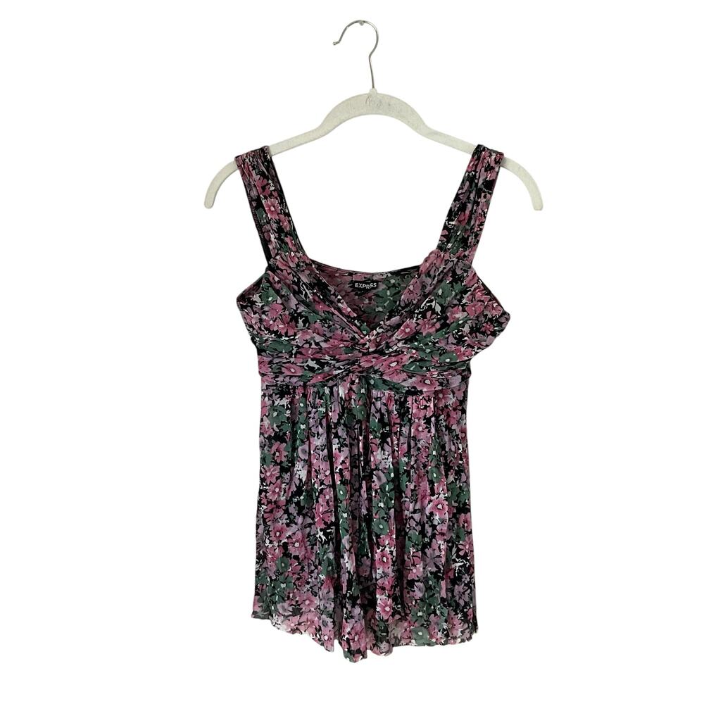 Express Dark Floral Pleated Tank Top: Y2K, Modern